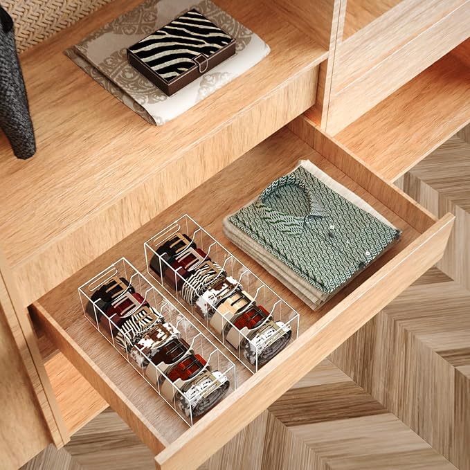 YUNEASELF Belt Organizer - Acrylic Belt Storage Holder for Closet with Dust Cover Lid - 7 Compartments Clear Display Case for Tie and Bow Tie