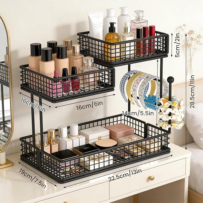 BCWW 3 Tiers Makeup Organizer Countertop Multi Bathroom Counter Organizer Metal Fruit Basket Perfume Skincare Organizers Holder for Vanities, Cabinet, Cosmetic, Dresser Organizer (Square(Black))