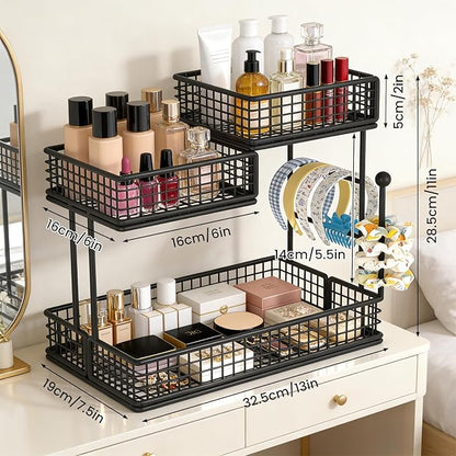 BCWW 3 Tiers Makeup Organizer Countertop Multi Bathroom Counter Organizer Metal Fruit Basket Perfume Skincare Organizers Holder for Vanities, Cabinet, Cosmetic, Dresser Organizer (Square(Black))