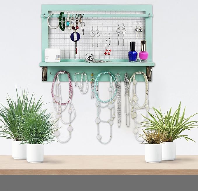 Jewelry Organizer, Wall Mount Jewelry Holder Rack with Hooks Shelf and Removable Rod Hanging Display Earrings Necklaces Bracelets Rings Storage Accessories Wood in Shabby Chic Turquoise