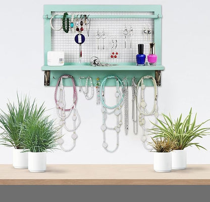 Jewelry Organizer, Wall Mount Jewelry Holder Rack with Hooks Shelf and Removable Rod Hanging Display Earrings Necklaces Bracelets Rings Storage Accessories Wood in Shabby Chic Turquoise