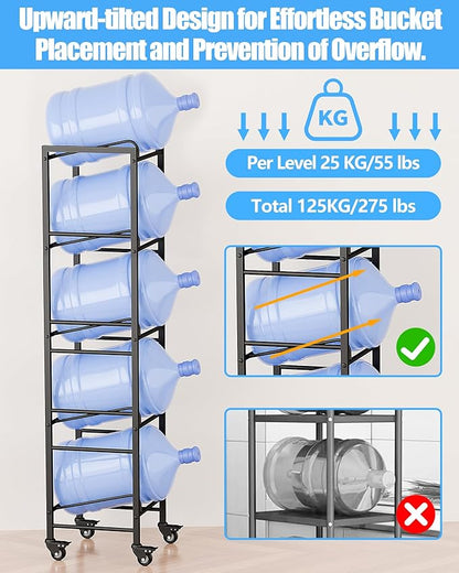 5 Gallon Water Jug Holder, Movable 5 Tier Heavy Duty Water Rack with 4 Wheels, Rack for Water Jug Storage, Space Saving Water Stand for Five 5 Gallon Water Jugs, Black