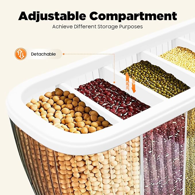Cereal Dispenser, Multiple Grain Container, Kitchen Cereal Dry Food Containers Storage, 6 Grid Beans Grains Storage W/Rice Hopper for Store Rice, Red Beans, Yellow Beans