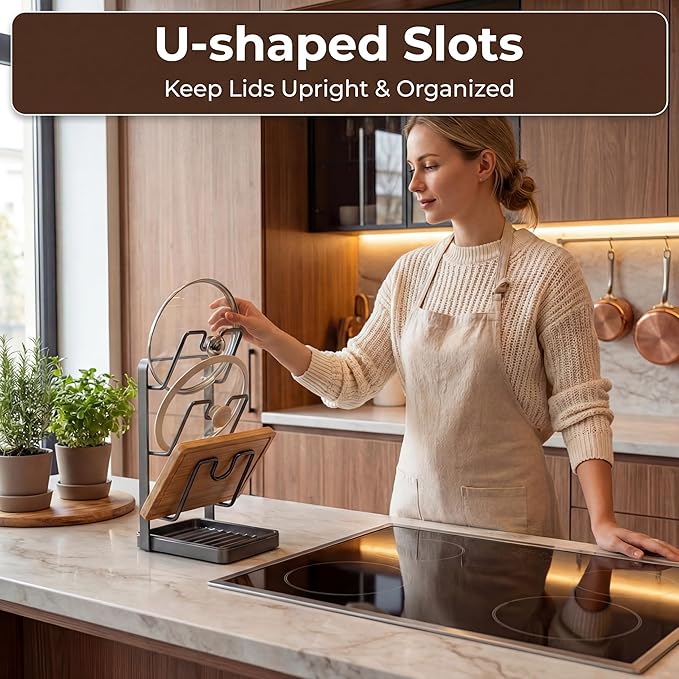 Didaey 2 Pack Pot Lid Organizer Rack 6-Tier Pot Lid Holder While Cooking Carbon Steel Kitchen Cover Storage Rack Multifunctional Stand for Countertop Stove Top Cabinet Shelf Spoon