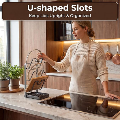 Didaey 2 Pack Pot Lid Organizer Rack 6-Tier Pot Lid Holder While Cooking Carbon Steel Kitchen Cover Storage Rack Multifunctional Stand for Countertop Stove Top Cabinet Shelf Spoon