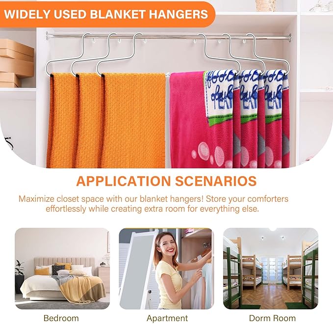 6 Pack Blanket Hanger,Non Slip Hangers Space Saving Stainless Steel Heavy Duty Hangers,Upgraded Closet Organizers and Storage Pants Hanger for Table Cloths,Comforters,Bath Towels,Rugs Sleeping Bags