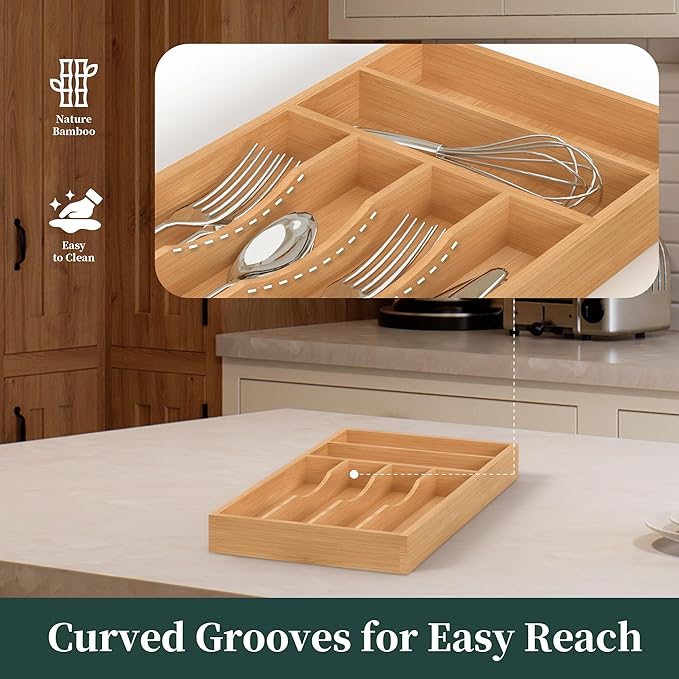 Silverware Organizer, Bamboo Kitchen Drawer Organizer, Utensil Holder, Cutlery Tray & Spoon Flatware Storage with Grooved Drawer Dividers (8.5''W x 15.5''D)