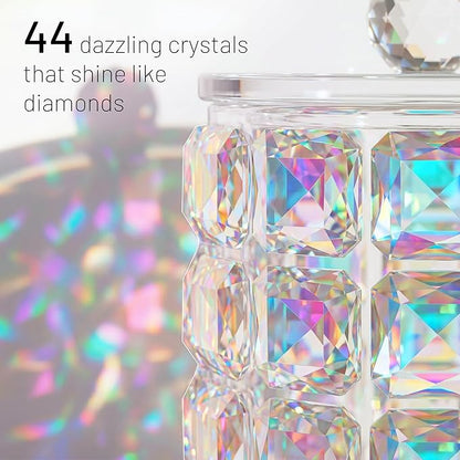 Crystal Qtip Holder Dispenser, 17oz Bathroom Canisters with Lid for Cotton Balls,Swabs,Floss Picks,Hair Accessories, Iridescent Glass Apothecary Jars with Lids,Vanitys Bathroom Organizer and Storage