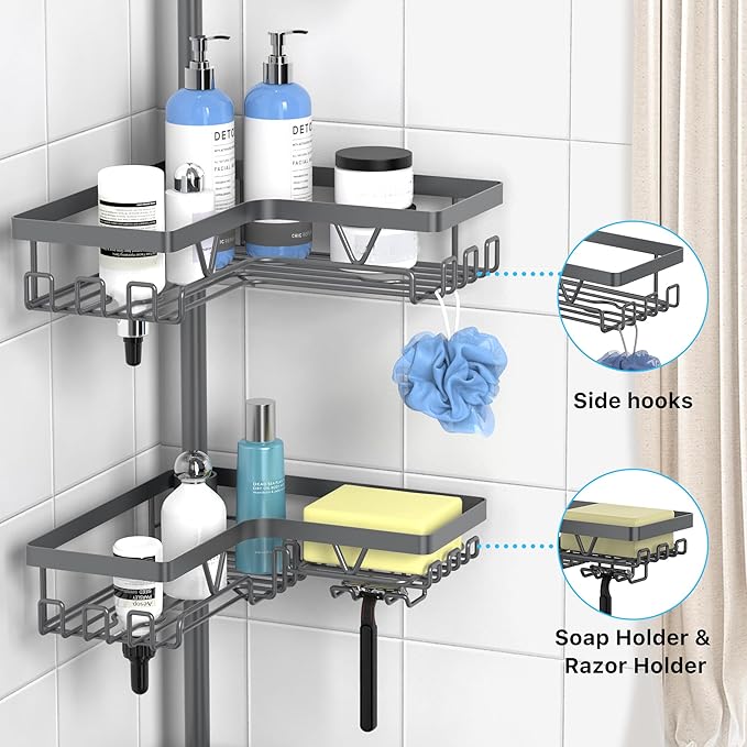 KEGII Corner Shower Caddy Tension Pole - Rustproof Tension Rod Organizer, Floor to Ceiling Shower Caddy 25-114.2 inch, Bathroom Storage Rack Corner Waterproof, Dark Gray