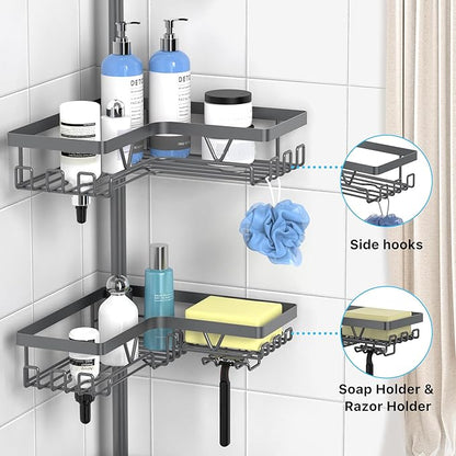 KEGII Corner Shower Caddy Tension Pole - Rustproof Tension Rod Organizer, Floor to Ceiling Shower Caddy 25-114.2 inch, Bathroom Storage Rack Corner Waterproof, Dark Gray