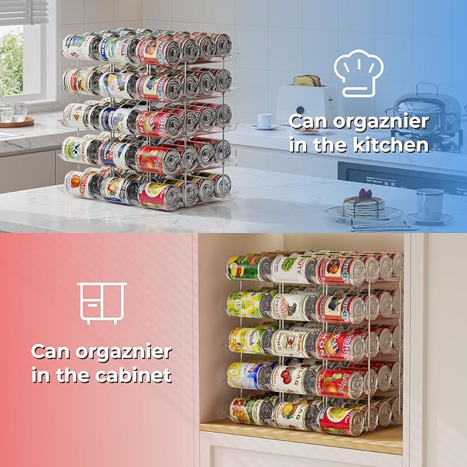 Can Organizer for Pantry Stackable 5 Tiers Can Storage Organizer Pantry Soda Can Organizer for Fridge 60 Cans Rack Automatic Rolling Canned Food Organizer for Refrigerator Kitchen Clear