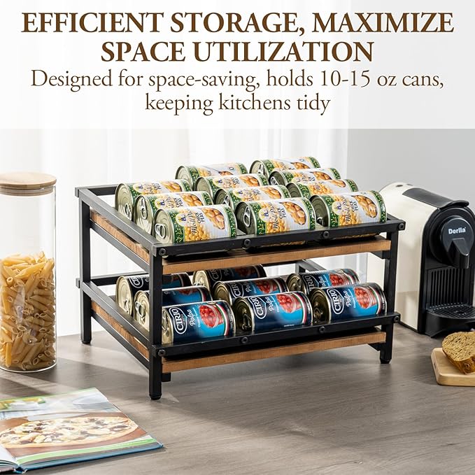 MyGift 2-Tier Can Holder for Pantry, Canned Goods Organizer, Countertop Soup Can Storage Dispenser Rack, Holds 10 to 15 oz Can Sizes, Urban Industrial Matte Black Metal and Rustic Burnt Solid Wood