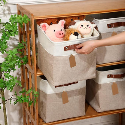 Uiifan 10 Pcs Collapsible Storage Bins Fabric Foldable Storage Basket with Handles Cloth Organizer Linen Shelf Baskets for Shelves Home Closet Nursery Toys(12 x 12 x 12 Inch,Beige and White)