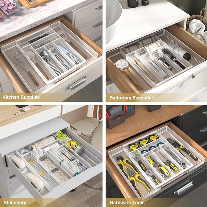 Sedegn Silverware Organizer Metal Mesh, Large Drawer Organizer, Utensil Cutlery Tray for kitchen drawers, Expandable Flatware Organizer with 8 Compartment White 11.6"~20" x 17.3"