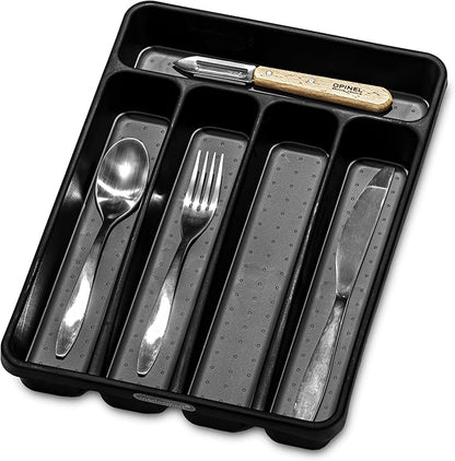 madesmart Small Silverware Tray, Compact 5 Compartment Flatware Organizer for Forks, Knives & Spoons, Non Slip, Soft Grip Lining, Fits Small Drawers, Carbon