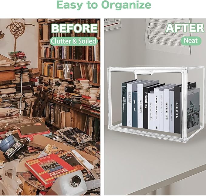 2-Pack Clear Book Storage Organizer Box, Stackable Acrylic Display Case with Magnetic Door, Portable Bookcase Containers for Comics, Handbags, Toys and Shoes, 14.2" x 10.6" x 8.7"