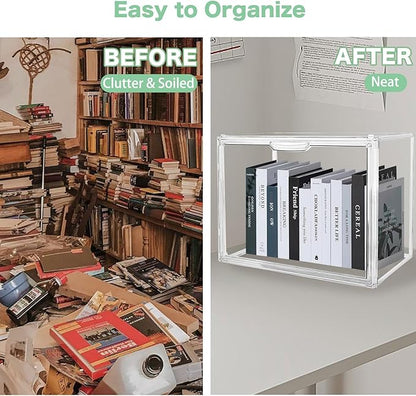 2-Pack Clear Book Storage Organizer Box, Stackable Acrylic Display Case with Magnetic Door, Portable Bookcase Containers for Comics, Handbags, Toys and Shoes, 14.2" x 10.6" x 8.7"