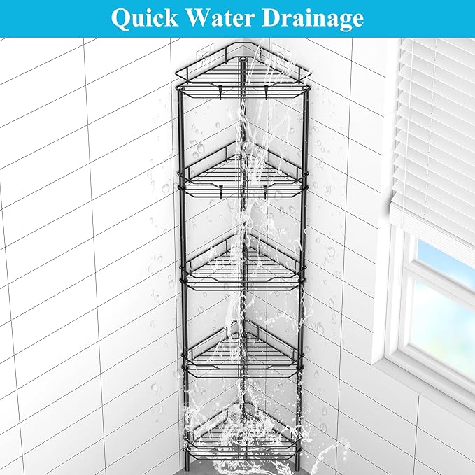 HuggieGems 5 Tier Floor Standing Corner Shower Caddy Organizer Shelf with Hooks, Bathroom Shelves Stand Rack, Black