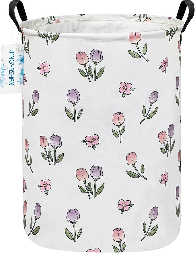 Laundry Basket Canvas Fabric Collapsible Organizer Basket for Storage Bin Toy Bins Gift Baskets Bedroom Clothes Children Nursery Hamper (Tulip)