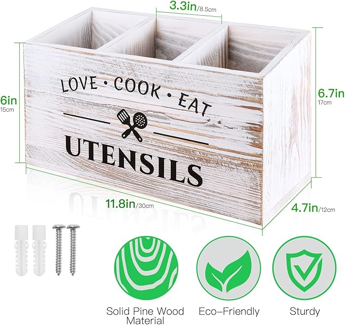 MINCORD Wood Kitchen Utensil Caddy with 3 Compartments, Rustic Farmhouse Style, Ideal for Storage and Organization, White