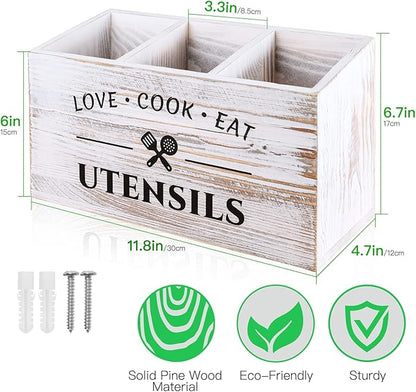 MINCORD Wood Kitchen Utensil Caddy with 3 Compartments, Rustic Farmhouse Style, Ideal for Storage and Organization, White