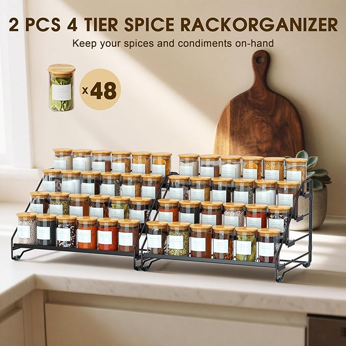 Jolitac 4-Tier Spice Rack Organizer, Depth Adjustable Step Shelf, Metal Spice Rack Perfect for Cabinet, Countertop & Pantry Storage | Enhances Kitchen Visibility and Organization | 2 Pack