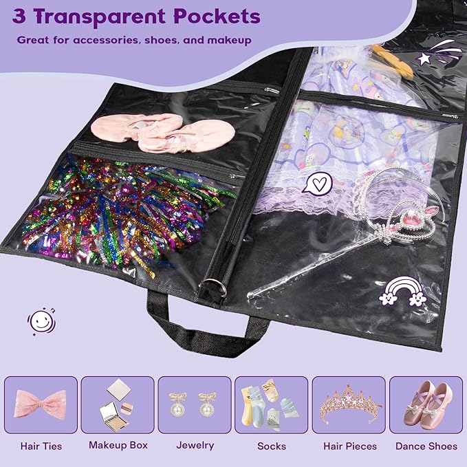 Dance Garment Bags for Dancers, 40" Garment Bags for Hanging Clothes with 3 Clear Zipper Pockets, Cheer Uniform Garment Bag for Suits, Travel & Sports Jersey, Cheer Uniform (Black, 1Pack 40")
