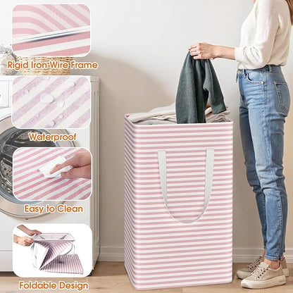 3 Pack Large Laundry Basket,Waterproof & Freestanding Laundry Hamper,Collapsible Clothes Hampers with Easy Carry Long & Reinforced Handles in Bathroom,College Dorm(125Lx3,Pink)