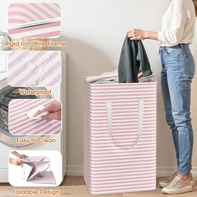 3 Pack Large Laundry Basket,Waterproof & Freestanding Laundry Hamper,Collapsible Clothes Hampers with Easy Carry Long & Reinforced Handles in Bathroom,College Dorm(75Lx3,Pink)