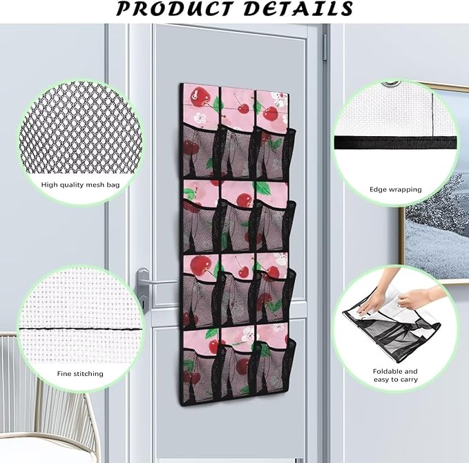 Over The Door Storage Bag with 12-Pockets, Oxford Material Waterproof Lightweight and Perfect for Organizing Bathroom Bedroom or Kitchen Essentials, Cherry Pattern