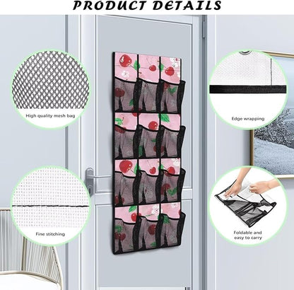 Over The Door Storage Bag with 12-Pockets, Oxford Material Waterproof Lightweight and Perfect for Organizing Bathroom Bedroom or Kitchen Essentials, Cherry Pattern