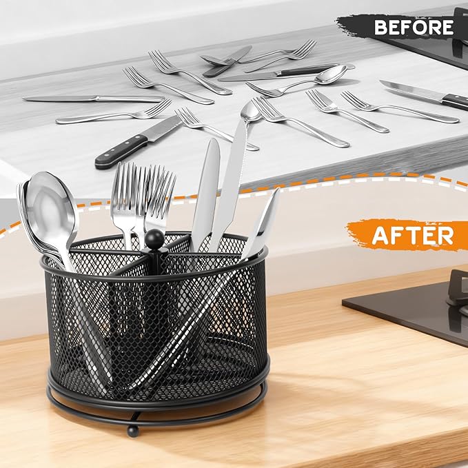 2 Pack 360° Rotating Metal Utensil Caddy - 4 Compartment Silverware Cutlery Holder, Effortless Access Fork Spoon, Silverware Holder for Party Countertop Buffet Picnic Camping Outdoor