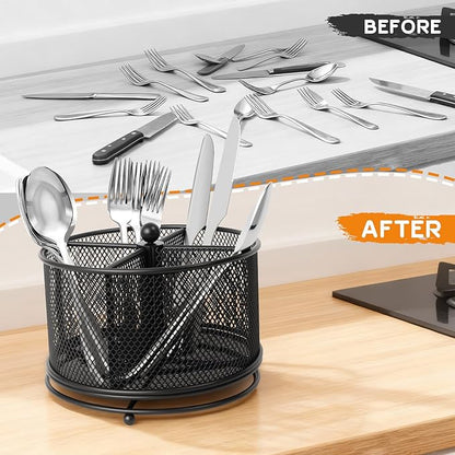 360° Rotating Metal Utensil Caddy, 4 Compartment Silverware Cutlery Holder, Effortless Access Fork Spoon, Silverware Holder for Party Countertop Buffet Picnic Camping Outdoor (Black)