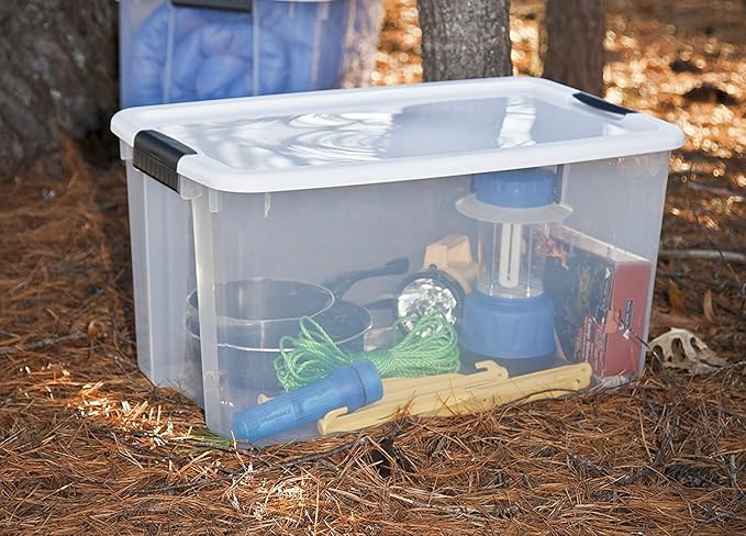 STERILITE 19889804 70 Quart/66 Liter Ultra Latch Box, Clear with a White Lid and Black Latches, 8-Pack