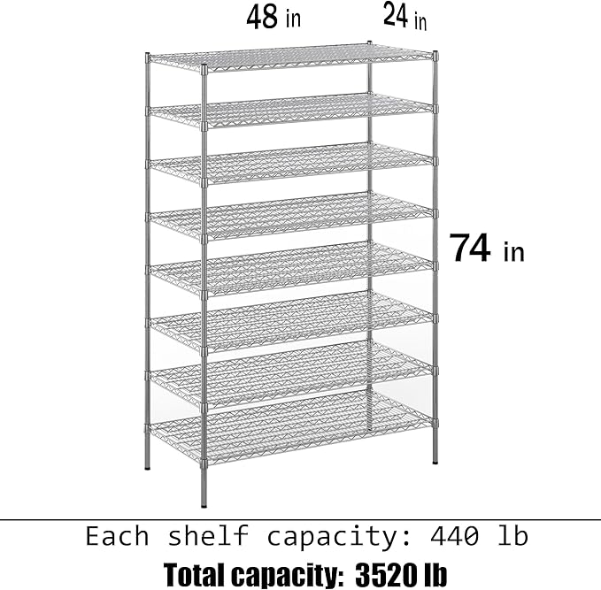 24" Deep x 48" Wide x 74" Height Wire Shelving Kit | 8-Tier | NSF Commercial Storage Rack Unit