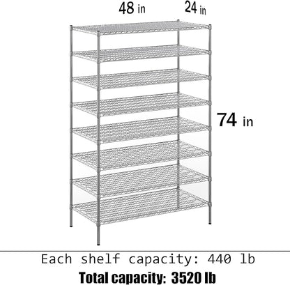 24" Deep x 48" Wide x 74" Height Wire Shelving Kit | 8-Tier | NSF Commercial Storage Rack Unit