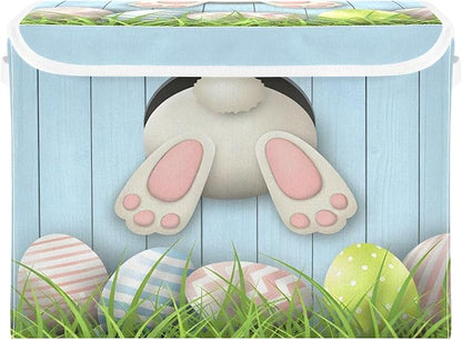 senya Easter Baskets Collapsible Storage Bins with Lids, Easter Bunny Bottom with Pink and Blue Eggs Storage Boxes Clothes Baskets for Organizing
