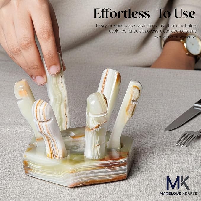 Marble Utensil Rest Green Onyx for Kitchen Counter, Perfect Spoon and Cutlery Holder, Keeps Counter Clean and Organized, Modern Kitchen Accessory for Daily Use