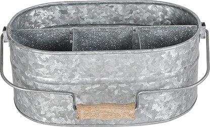 Alpha Living Home Galvanized Metal Utensil Caddy - Rustic Farmhouse Organizer Metal Garden Caddy with 4 Compartments and Wooden Handle for Kitchen, Buffet & Outdoor Events (Silver)