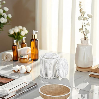 Rattan Jars,Decorative Storage Boxes with Lids, Bathroom Accessories,Rattan Desk Organizer,for Office,Dressing Table,Dental floss picks, cotton swab holders Home Decoration,White（DP056）