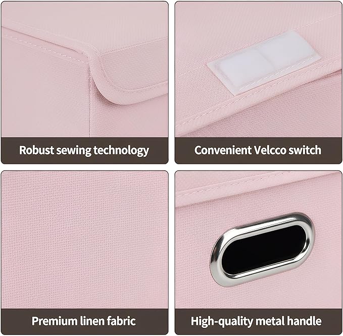 STOREONE Fabric Storage Cube Bins Foldable Organizer Container Collapsible Basket with Lids and Metal Handles, for Home, Bedroom, Closet 6 Pcs (multicolour-light pink)