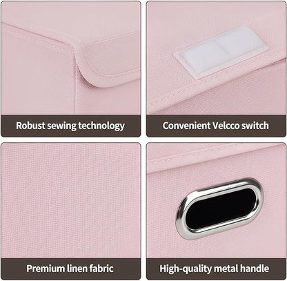 STOREONE Fabric Storage Cube Bins Foldable Organizer Container Collapsible Basket with Lids and Metal Handles, for Home, Bedroom, Closet 6 Pcs (multicolour-light pink)