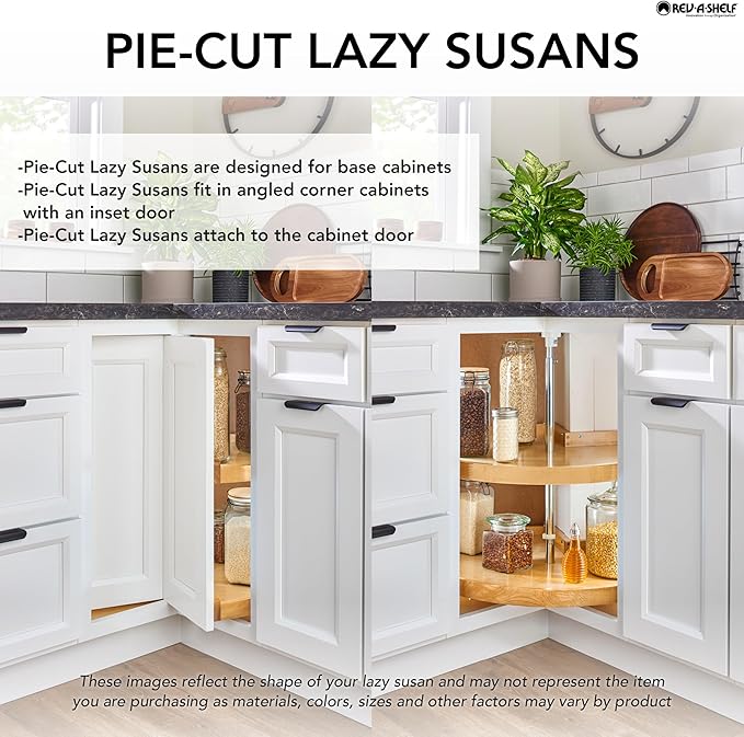Rev-A-Shelf 18" Pie-Cut Dual Tier Lazy Susan Organizer for Corner Wall Kitchen Cabinets, Plastic Home Rotating Storage Shelves, White, 2942-18-11-1