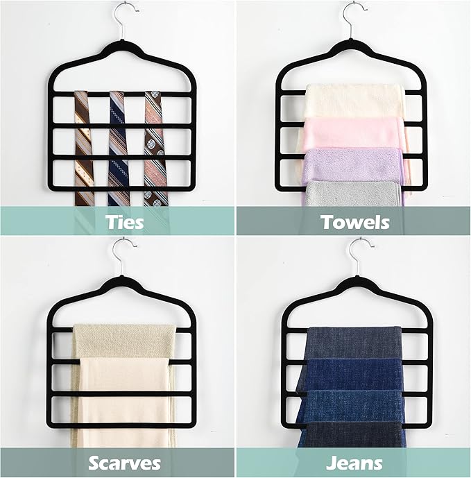 Velvet Pants Clothes Hanger Space Saving Non Slip Pants Shorts Hanger, Myfolrena Jeans Slack Trousers Hangers Multiple Velvet Hanger Closet Storage and Organization for Jeans,Scarf,Tie(Black, 5)