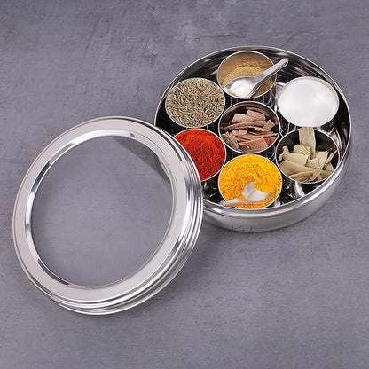 Stainless Steel Belly Shape Spice Box | Masala Dabba | Multipurpose Container/Organizer with See Through Lid with 7 Containers and Small Spoon/Medium