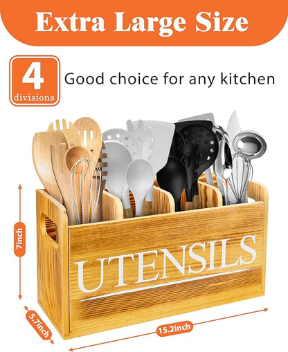 Kitchen Utensil Holder for Kitchen Counter Large Wooden Organizer for Cooking Utensils Utensil Holder Counter Farmhouse Décor (Farmhouse Wooden)
