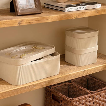 LA JOLIE MUSE Fluted Cardboard Storage Baskets with Leather-Like Lids, Sturdy Stackable Paper Boxes Decorative Tray, Light Grey, Set of 3
