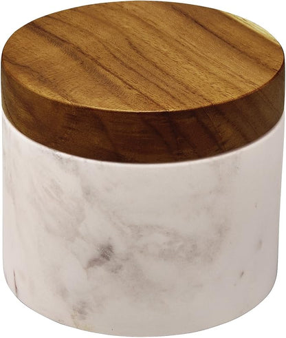 Anolon Pantryware Marble Salt Cellar with Teak Lid / Marble Salt Box with Teak Lid - 5.25 Ounce , White
