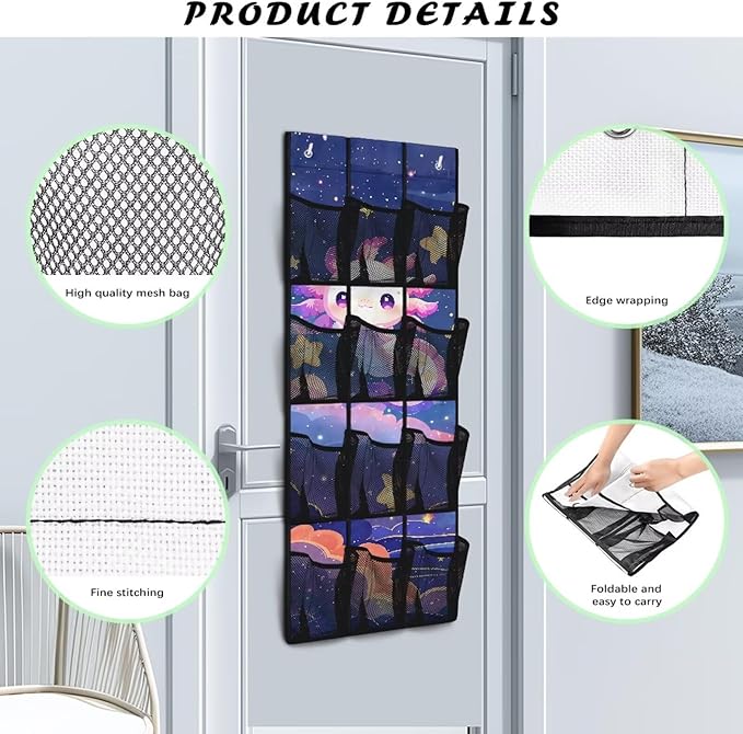 Axolotl 12 Pockets Door Shoe Organizer Hanging Storage Bag Space Saving Nursery Door Organizer for Baby Supplies 4 Shelf Over the Door Shoe Rack for Kids Boys Girls Playroom