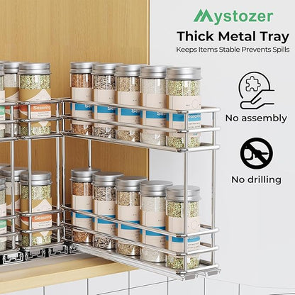Mystozer Pull Out Spice Rack Organizer for Cabinet, Slide Out Spice Racks, Easy to Install Spice Cabinet Organizers, 7.4" Wx10.43 Dx8.26 H, 3 Drawers 2 Tiers(Silver)
